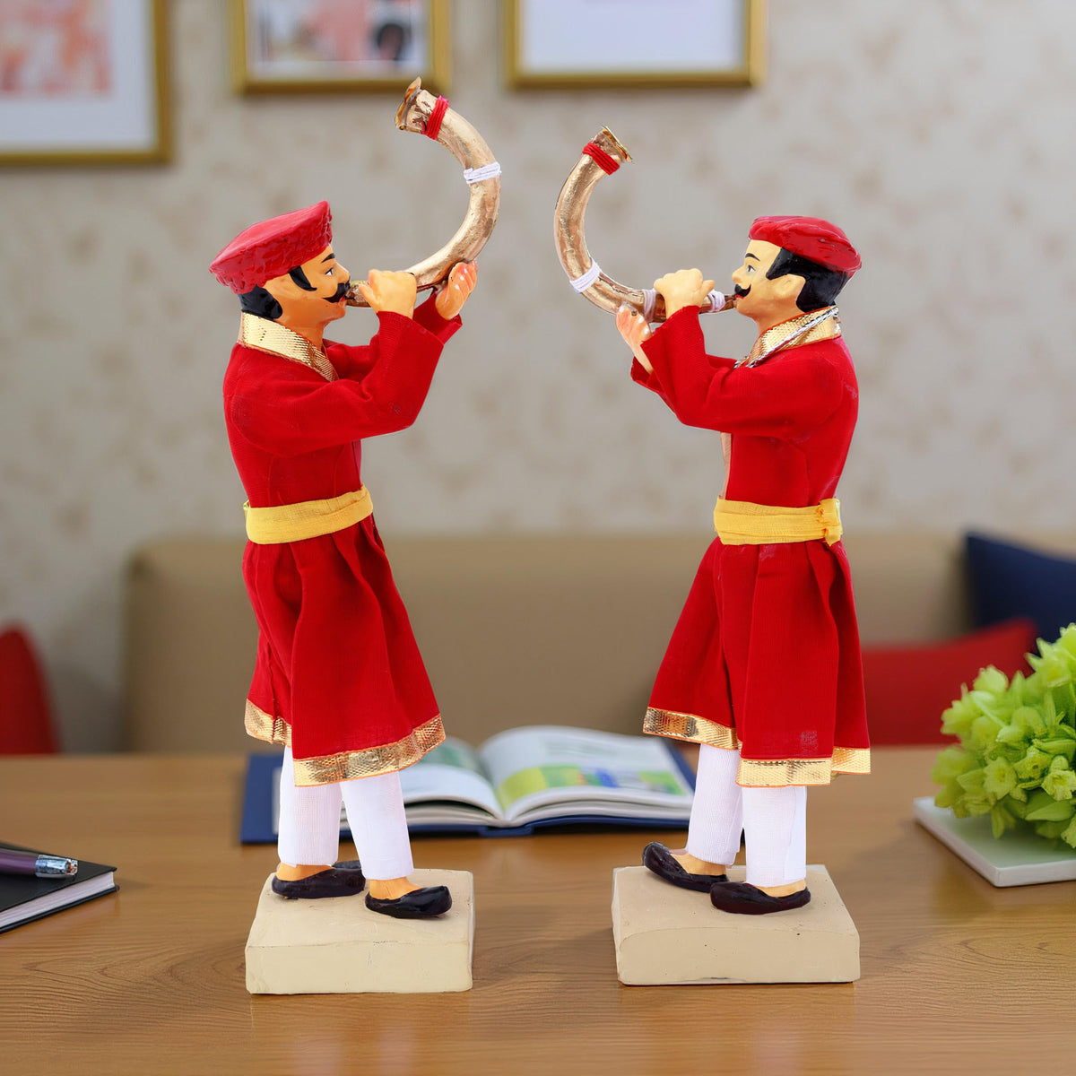 Niharika Collections Handmade Clay Terracotta | MAVALA TUTARI Player - Set of 2 | Royal Horn Blowers Miniature Idols