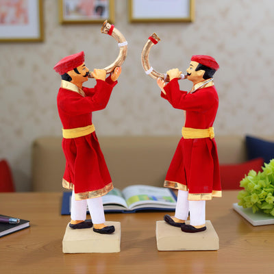 Niharika Collections Handmade Clay Terracotta | MAVALA TUTARI Player - Set of 2 | Royal Horn Blowers Miniature Idols