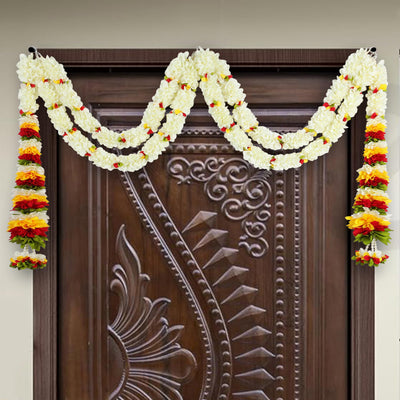Toran for Main Door Entrance, Bandarwal for Festival, Pooja Mandir & Wedding, Handmade Traditional Flower Hanging for Home & Office Decor (42 inches 30 inches) Off White