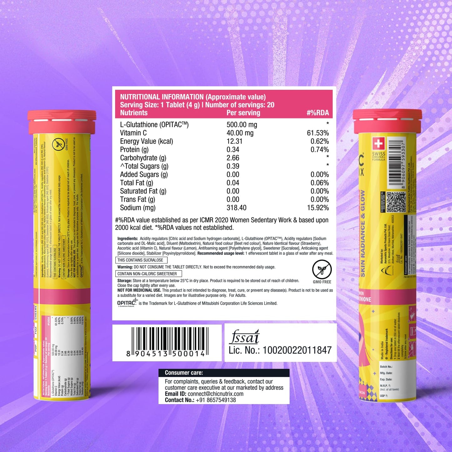 Chicnutrix Glow 500mg Effervescent Tablets - Strawberry & Lemon Flavor, For Glow & Radiance Skin - Indyancart