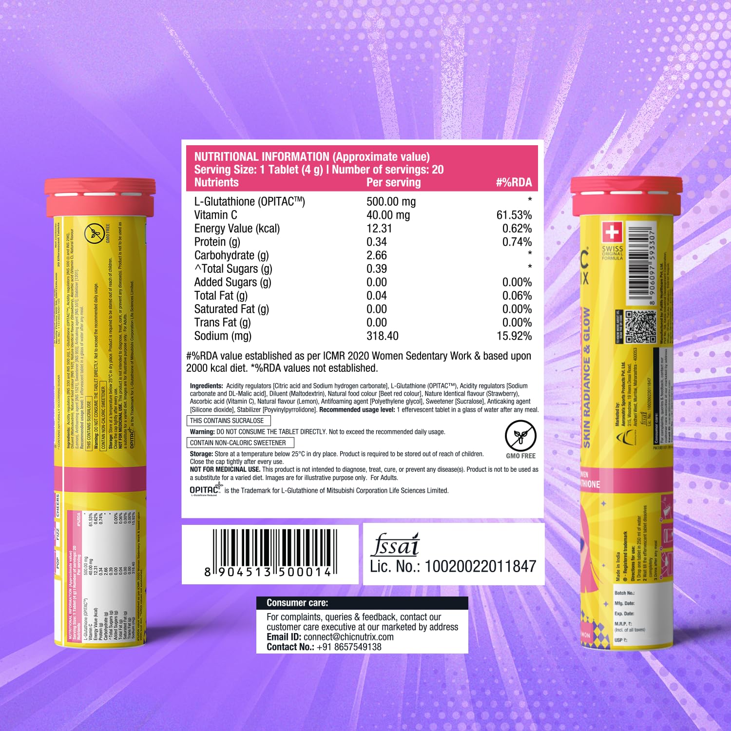 Chicnutrix Glow 500mg Effervescent Tablets - Strawberry & Lemon Flavor, For Glow & Radiance Skin - Indyancart