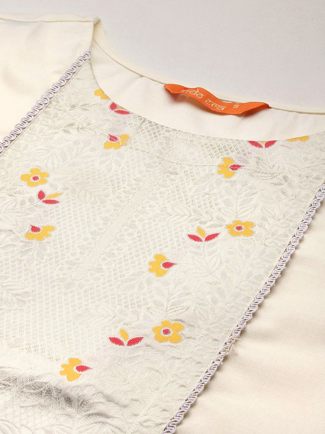 Indyancart IE Floral Yoke Design Zari Pure Cotton Kurta With Trousers & Dupatta