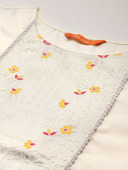 Indyancart IE Floral Yoke Design Zari Pure Cotton Kurta With Trousers & Dupatta