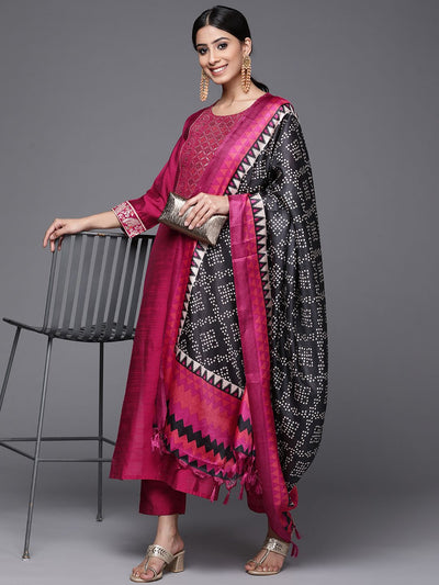 Indyancart VA Women'sBrocade Yoke with Gota Detail Kurta with Trouser with Bandhani Printed Dupatta