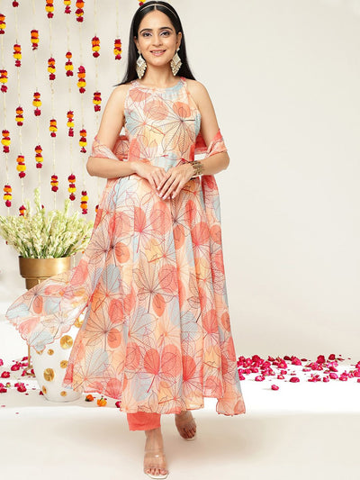 Indyancart VA Women'sFloral Printed Halter Neck Anarkali Kurta & Trousers With Dupatta