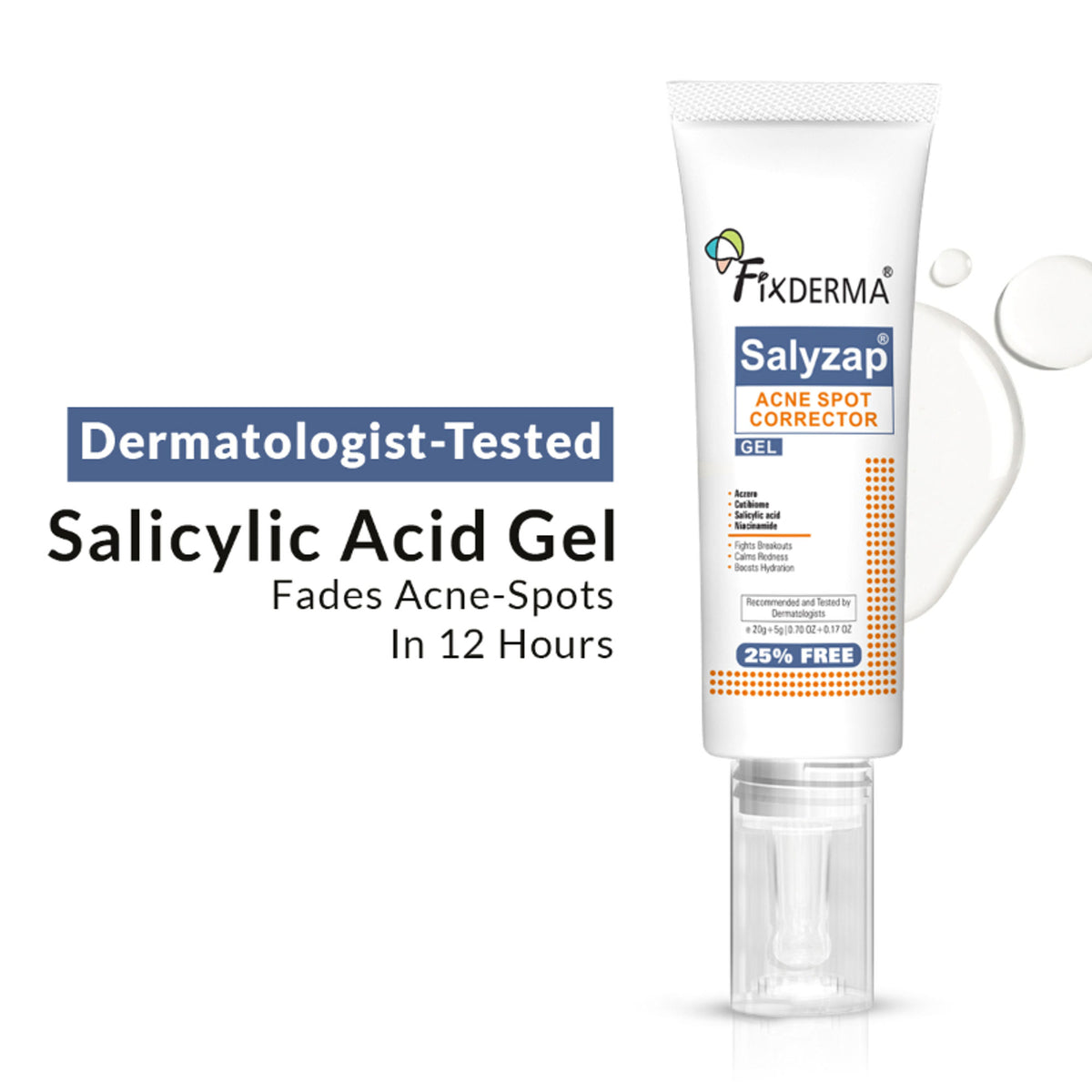 Fixderma Salyzap 2% Salicylic Acid Acne Spot Corrector Gel with Niacinamide for pimples and blemishes, visible in the image.