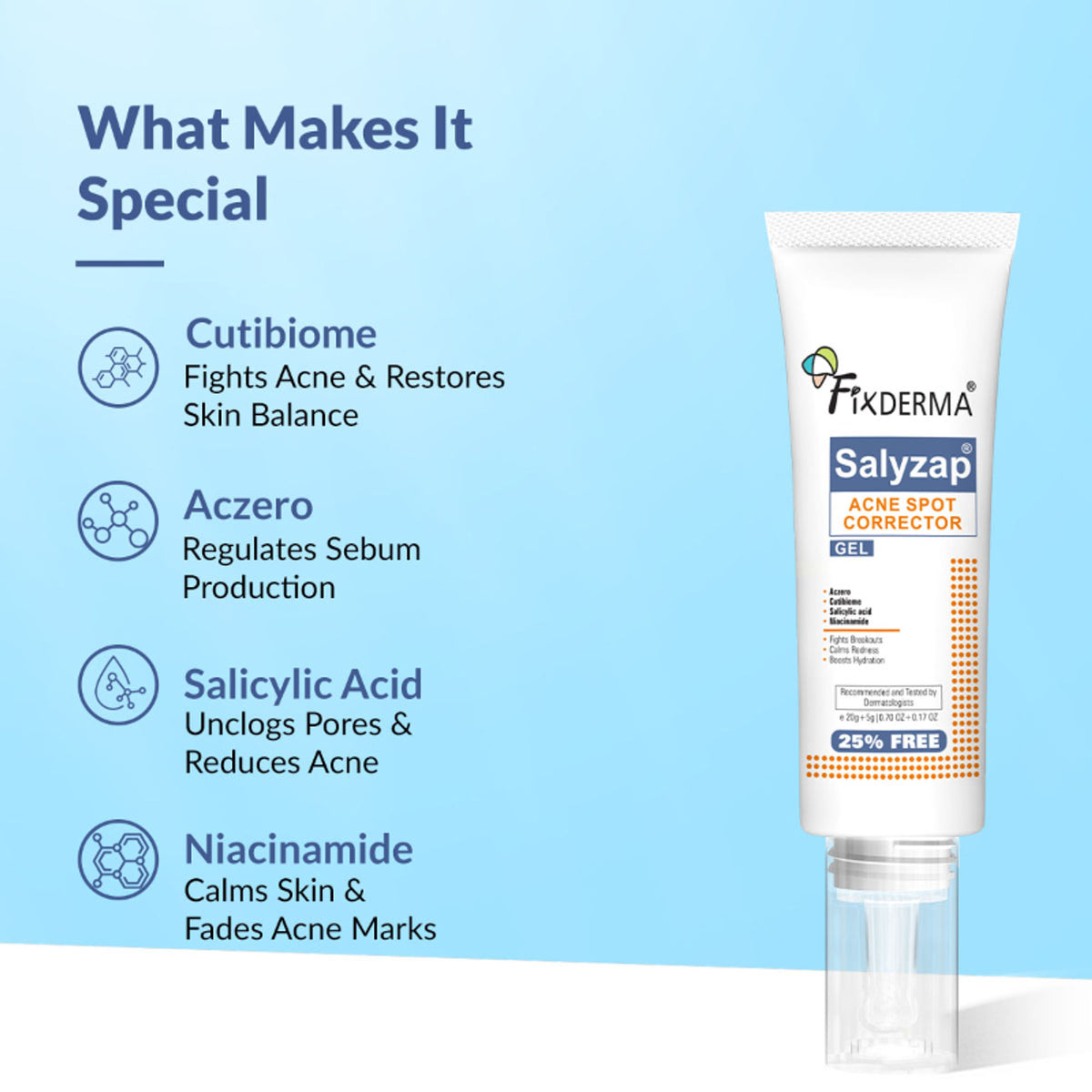 Fixderma Salyzap 2% Salicylic Acid acne spot corrector gel with niacinamide for pimple treatment, visible in the image.