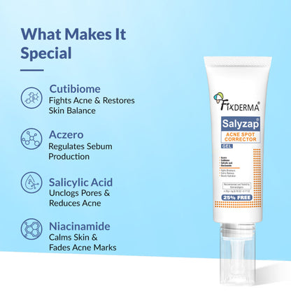 Fixderma Salyzap 2% Salicylic Acid acne spot corrector gel with niacinamide for pimple treatment, visible in the image.