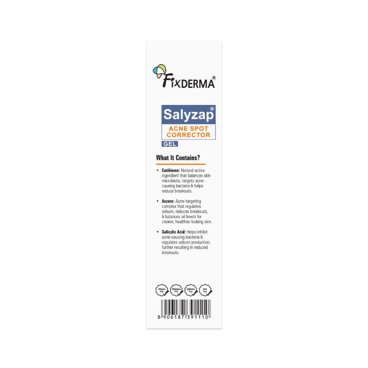 Fixderma Salyzap 2% Salicylic Acid Acne Spot Corrector gel with niacinamide for pimples and skin blemish treatment.
