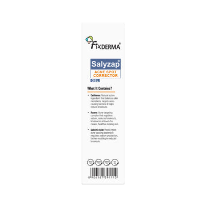 Fixderma Salyzap 2% Salicylic Acid Acne Spot Corrector gel with niacinamide for pimples and skin blemish treatment.