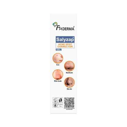 Fixderma Salyzap 2% Salicylic Acid Acne Spot Corrector gel with niacinamide, designed to target pimples and blemishes on the skin.