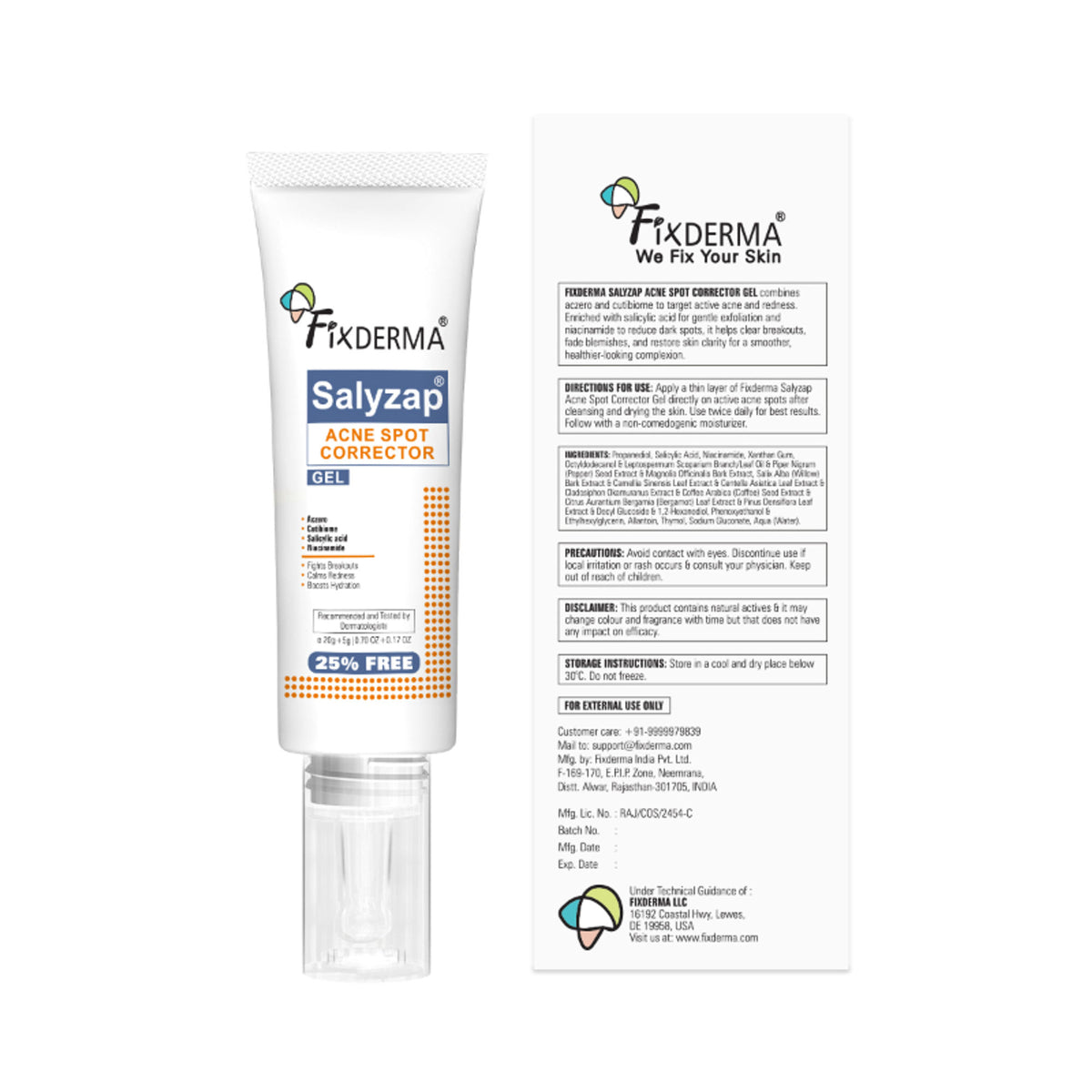 Fixderma Salyzap 2% Salicylic Acid Acne Spot Corrector gel with niacinamide for pimples and blemish treatment.