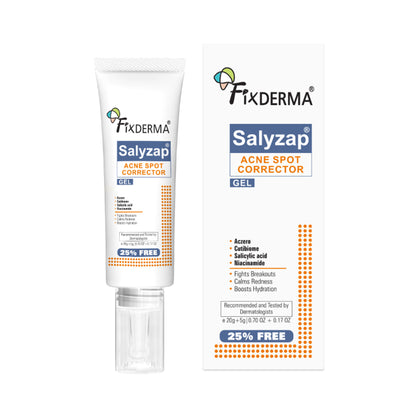 Fixderma Salyzap 2% Salicylic Acid Acne Spot Corrector gel with niacinamide, used for pimple and acne treatment on skin.