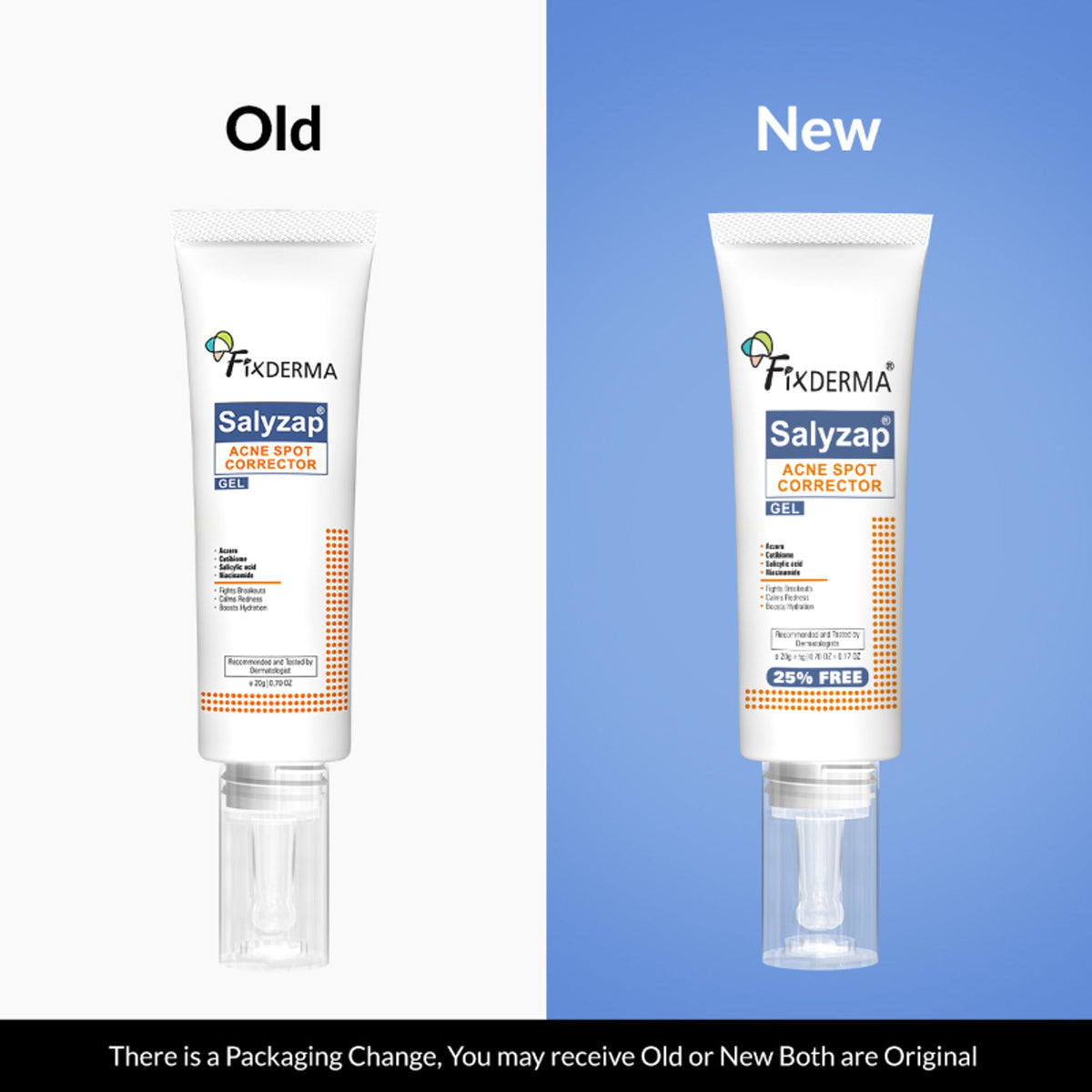 Fixderma Salyzap 2% Salicylic Acid Acne Spot Corrector gel with niacinamide for pimples and blemishes on clear skin.