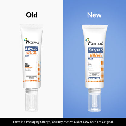 Fixderma Salyzap 2% Salicylic Acid Acne Spot Corrector gel with niacinamide for pimples and blemishes on clear skin.