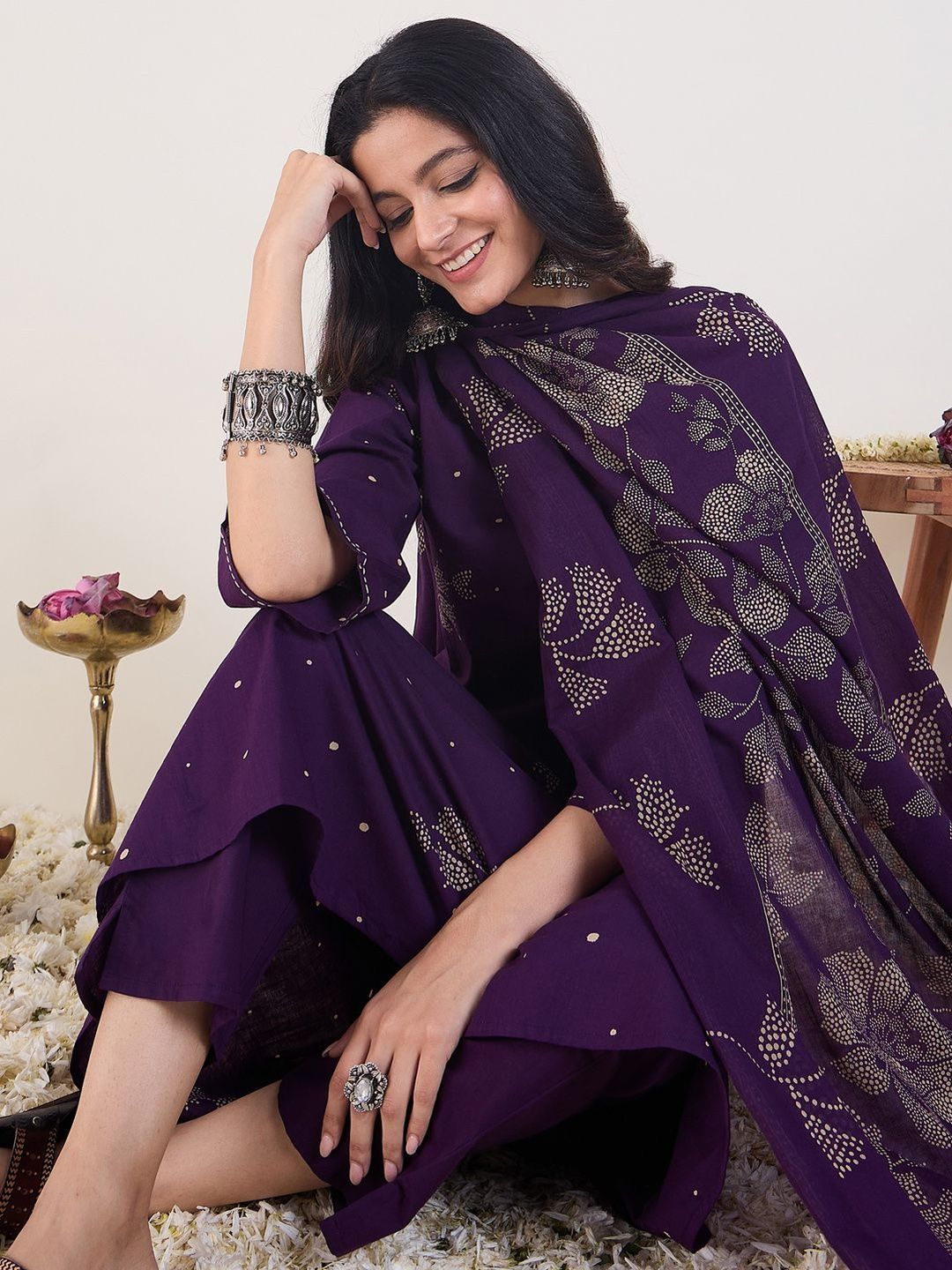 Floral Printed A-Line Pure Cotton Kurta With Trousers & Dupatta