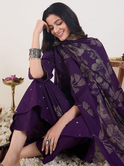 Floral Printed A-Line Pure Cotton Kurta With Trousers & Dupatta