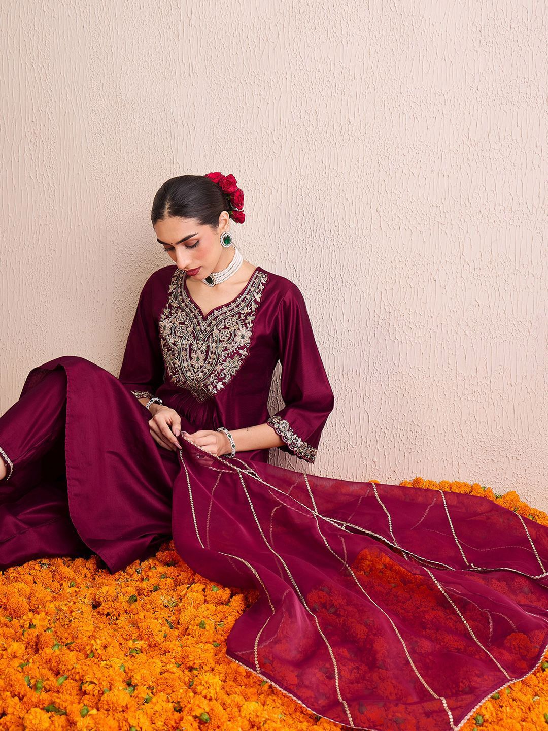 Women Floral Embroidered Pleated Thread Work Liva Kurta with Palazzos & With Dupatta