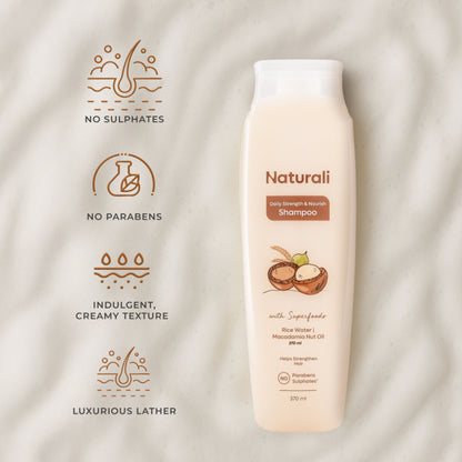 Naturali Daily Strength & Nourish Shampoo with Rice Water & Macadamia Nut Oil That Makes Hair Stronger 370ml
