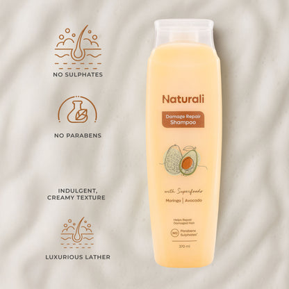 Naturali Damage Repair Shampoo with Moringa Oil & Avocado that Repairs Hair Damage, Dry Hair & Frizzy Hair 180ml
