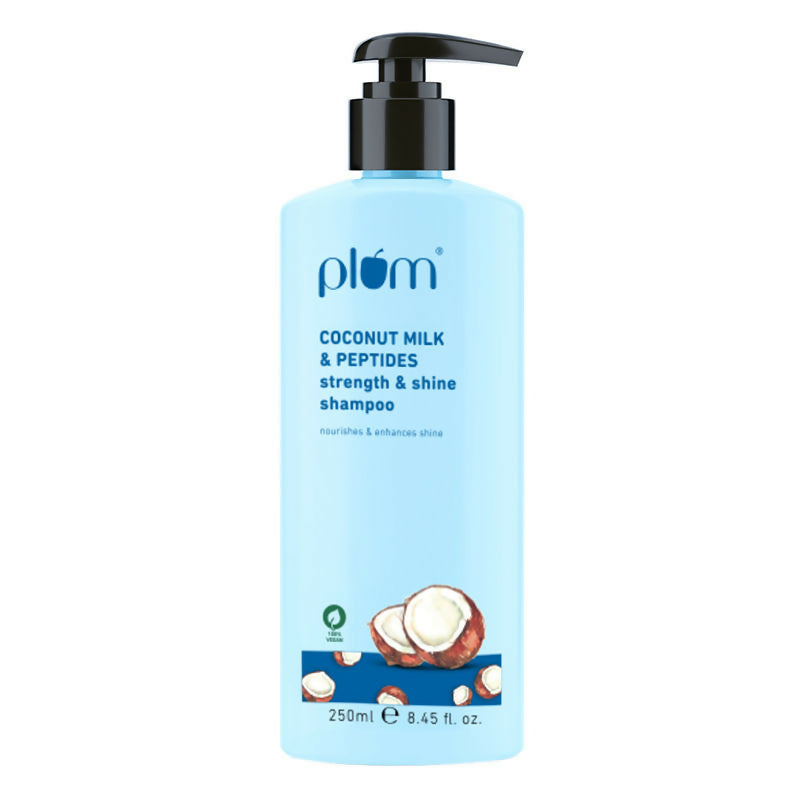 Plum Coconut Milk & Peptides Shampoo for soft, shiny hair, shown in a sleek bottle with coconut and peptide ingredients.