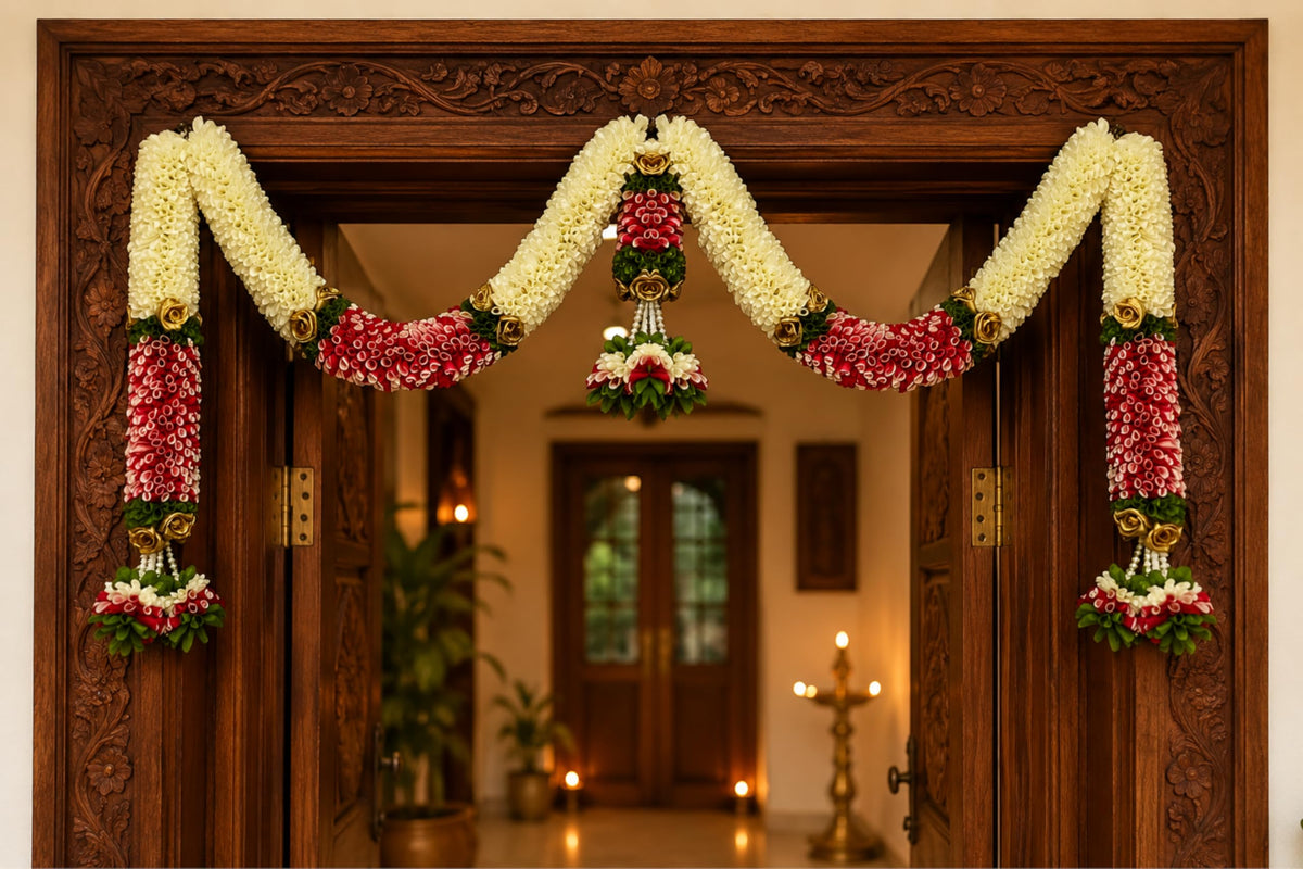 Artificial Flower Door Toran for Main Door Decoration, Golden Yellow & Maroon Floral Hanging Bandarwal for Home, Mandir, Wedding, Festival & Pooja Décor