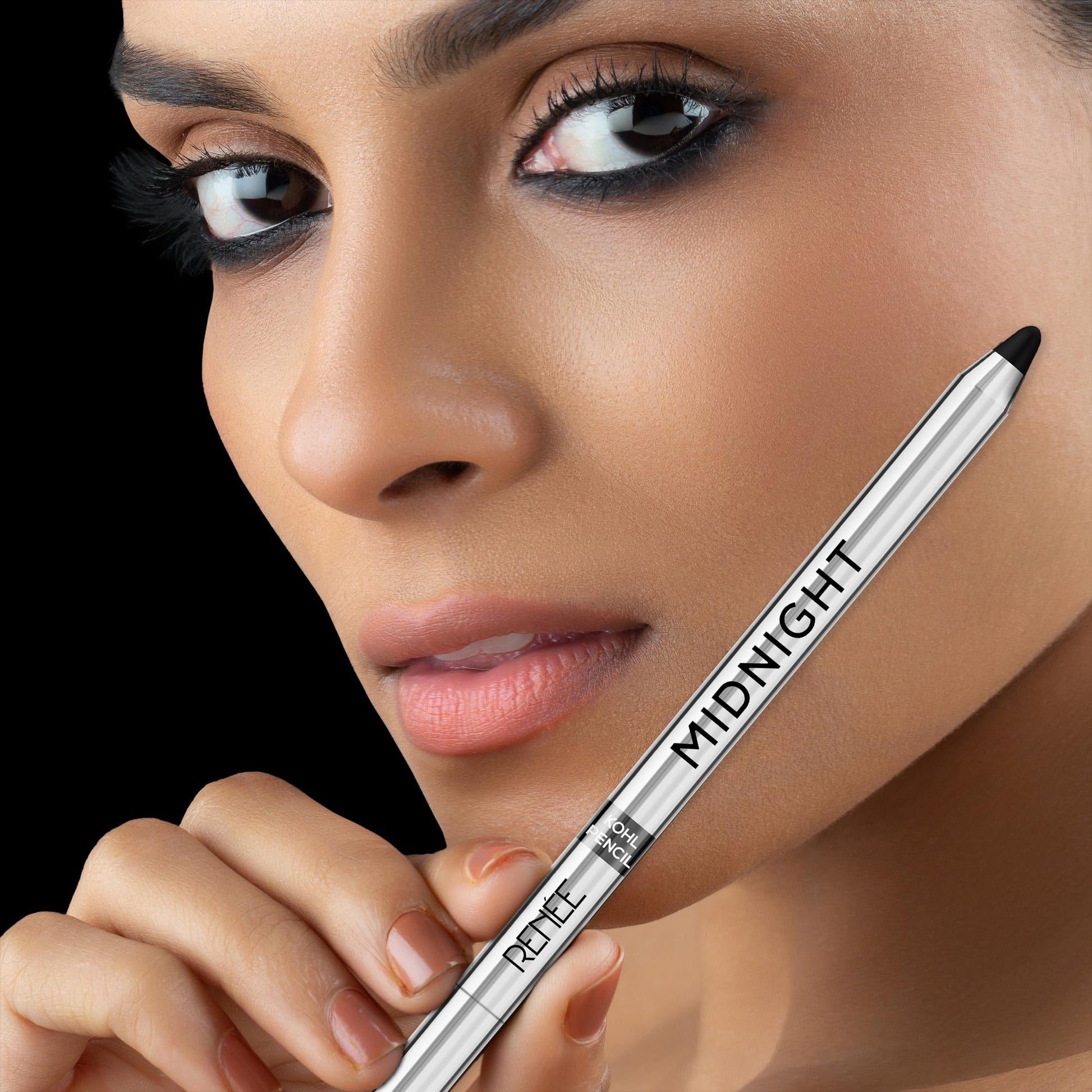 Renee Midnight Kohl Pencil, smudgeproof and waterproof kajal eyeliner, shown in a sleek black pencil with a sharpened tip.