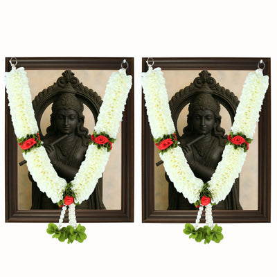 Handcrafted Artificial Flower Garland, 20 Inches Garland for Photo Frame, God Idol, Home Décor, Ugadi, Sankranti, Varalakshmi, Diwali, Navaratri & Wedding (White,Pack of 2)