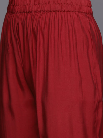 Indyancart VA Women's Red Floral Embroidered Sequinned Kurta with Trousers & With Dupatta
