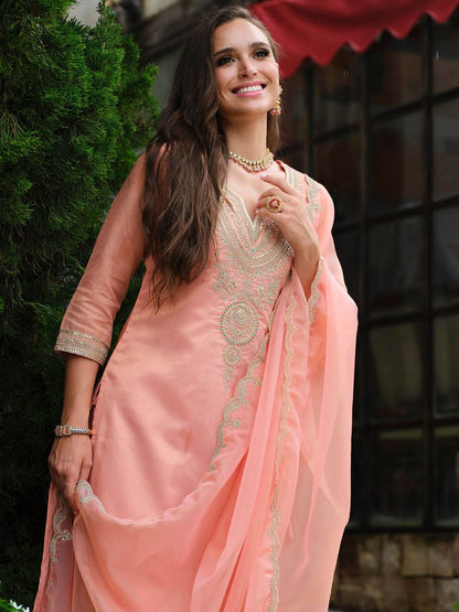 Indyancart IE Floral Yoke Design Notch Neck Straight Kurta With Trousers & Dupatta