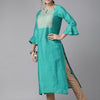 Dhiyona IE Women Sea Green Yoke Design Keyhole Neck Flared Sleeves Chanderi Silk Chanderi Silk Kurta