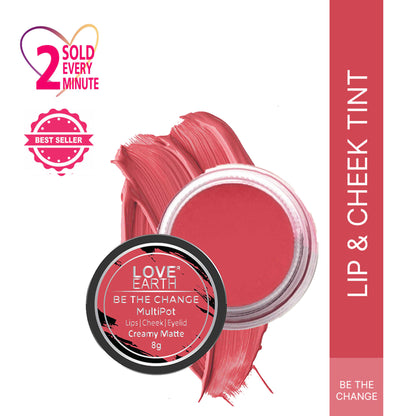 Love Earth multipot lip and cheek tint in Be The Change shade, featuring a sleek tube with a natural makeup product.