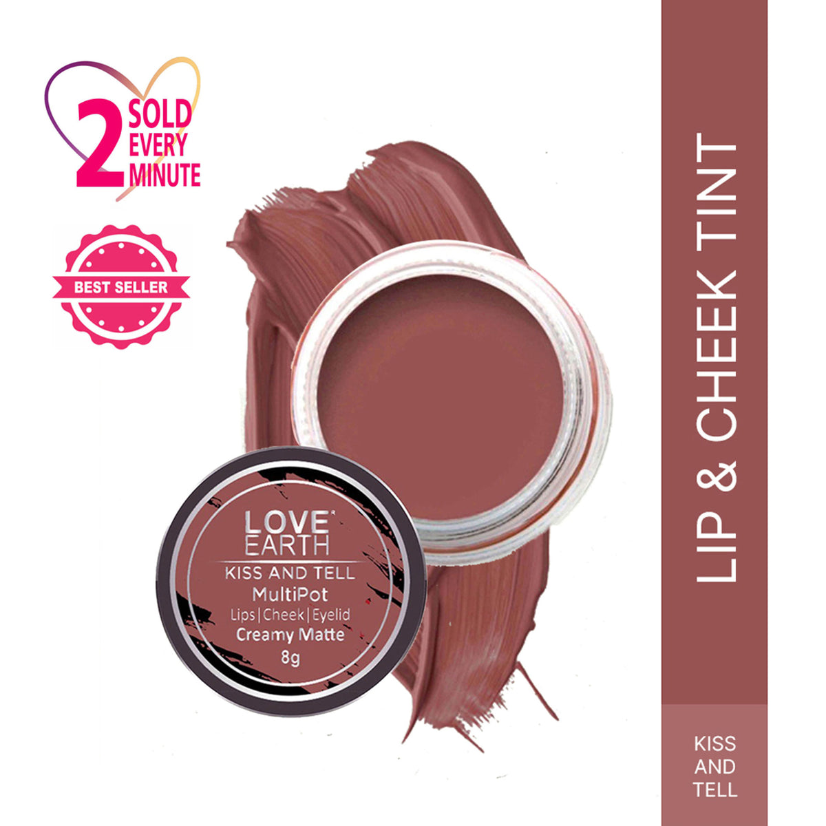 Love Earth Kiss and Tell multipot lip and cheek tint in a compact container with natural peach and pink shades.