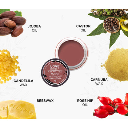 Love Earth Kiss And Tell multipot lip and cheek tint in a compact container, featuring a natural, buildable color.