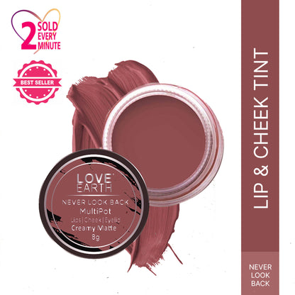 Love Earth multipot lip and cheek tint in Never Look Back shade, showing its creamy formula and compact packaging.