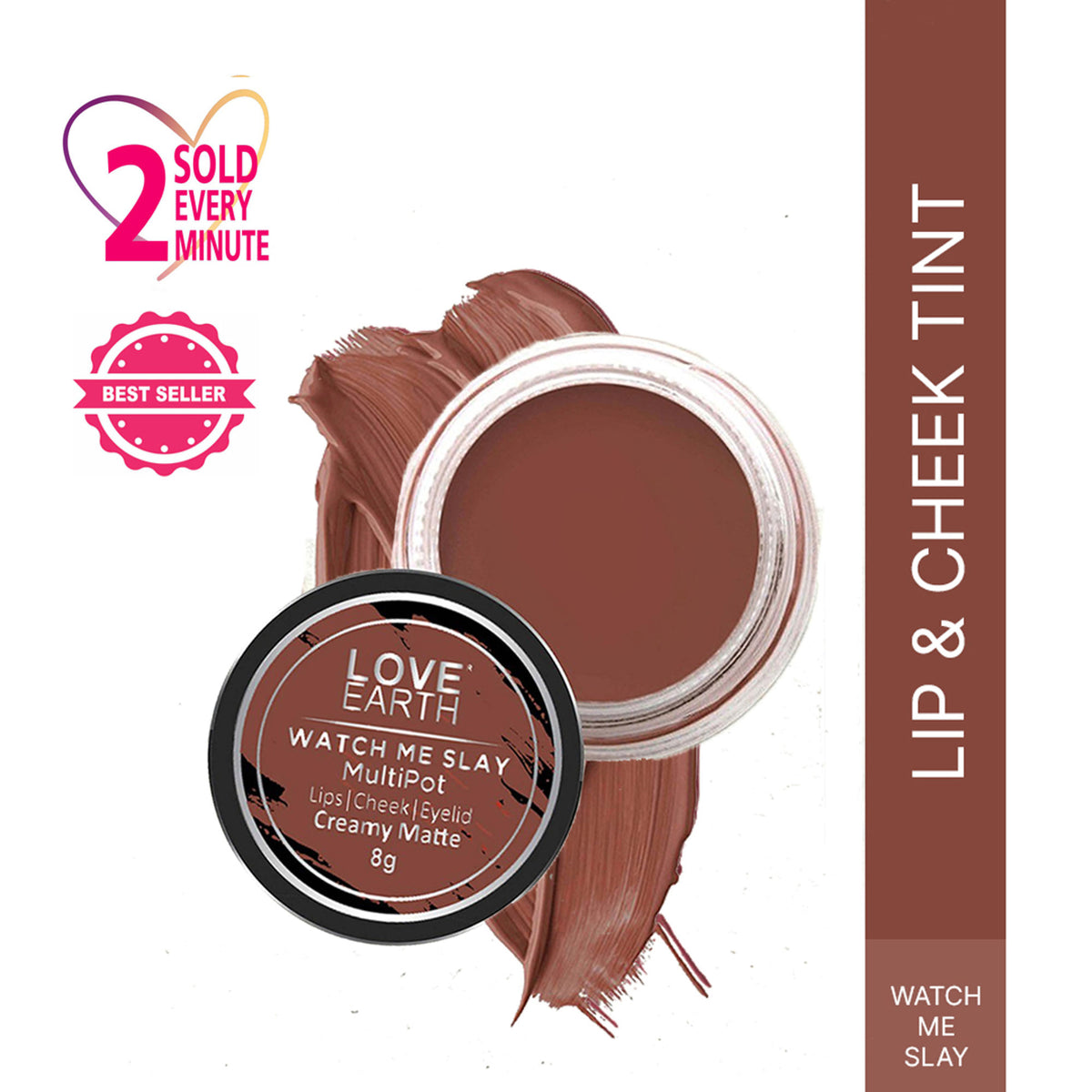 Love Earth Watch Me Slay multipot lip and cheek tint in a sleek tube, showcasing the vibrant product with branding on the packaging.