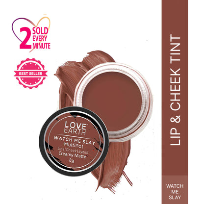 Love Earth Watch Me Slay multipot lip and cheek tint in a sleek tube, showcasing the vibrant product with branding on the packaging.