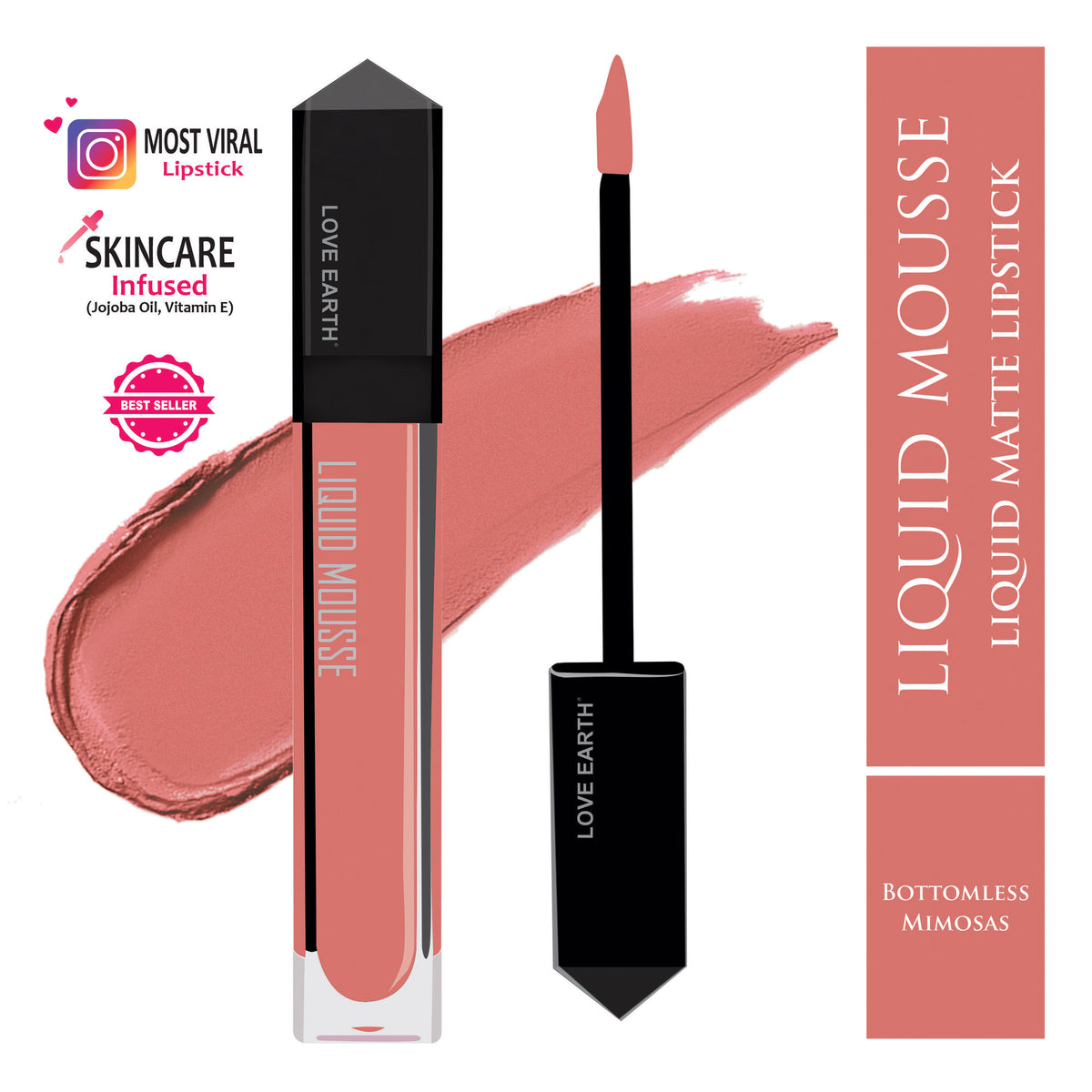 Love Earth Liquid Mousse Lipstick in Bottomless Mimosas, featuring a smooth, vibrant coral shade in a sleek tube.