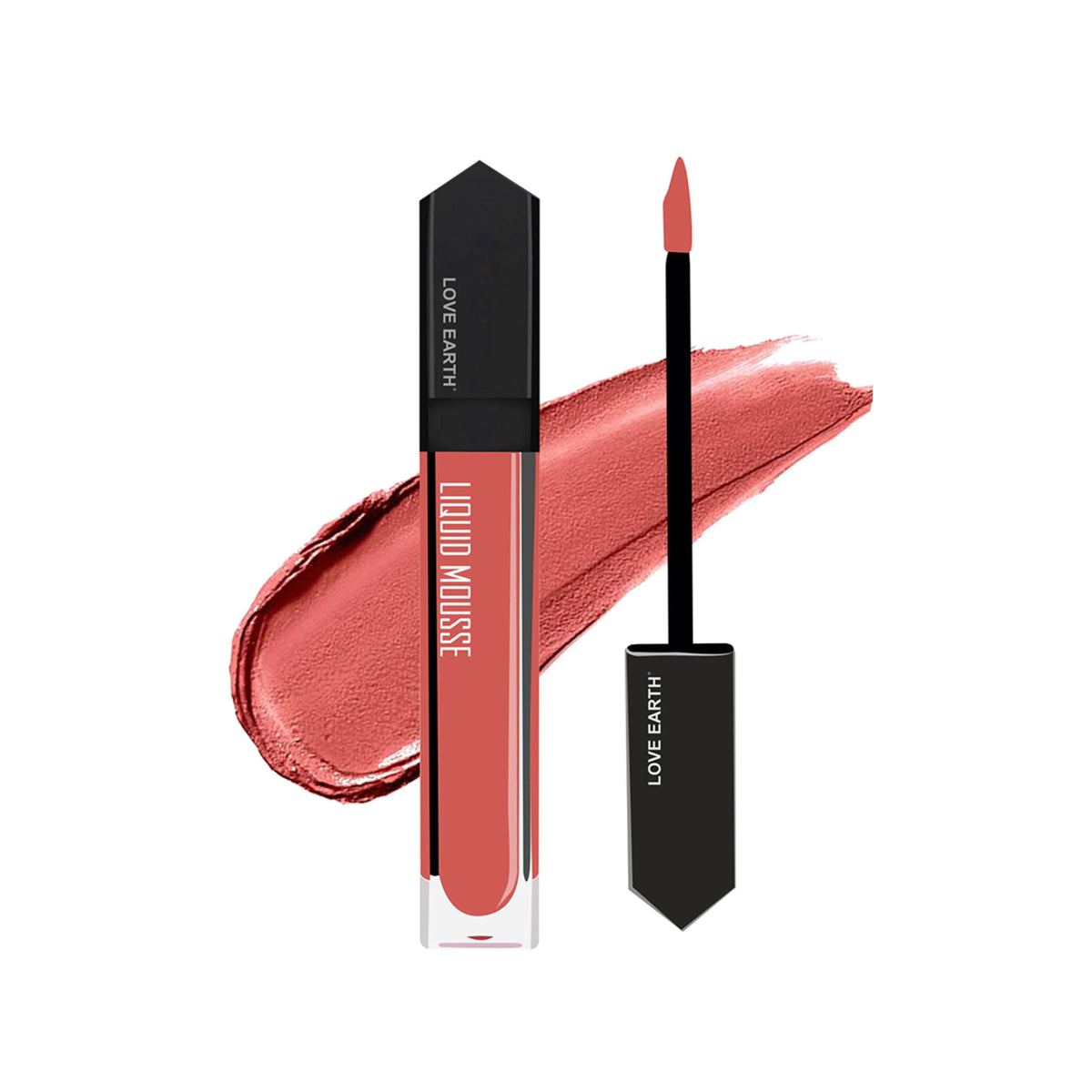 Love Earth Liquid Mousse Lipstick in Bottomless Mimosas, showcasing a vibrant, smooth lipstick application in a sleek tube.