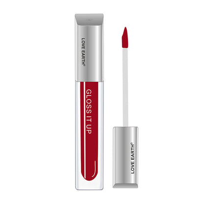 Love Earth Pink Power lip gloss with high shine and glossy finish, vibrant pink color in a sleek tube.