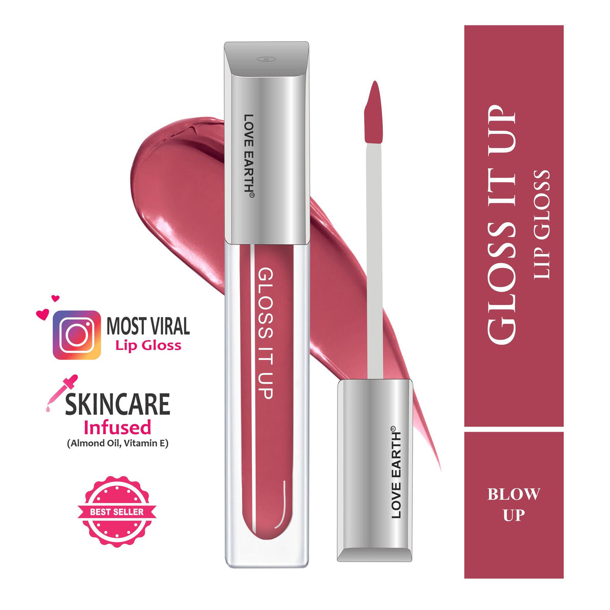 Love Earth Lip Gloss with high shine and glossy finish, featuring a smooth, hydrating formula in a sleek tube.