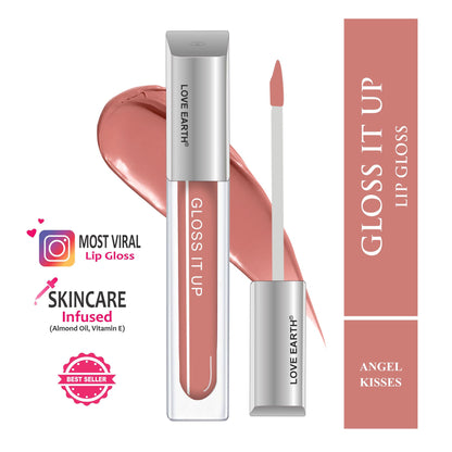 Love Earth Angel Kisses lip gloss with high shine and glossy finish, featuring a sleek tube and applicator brush.