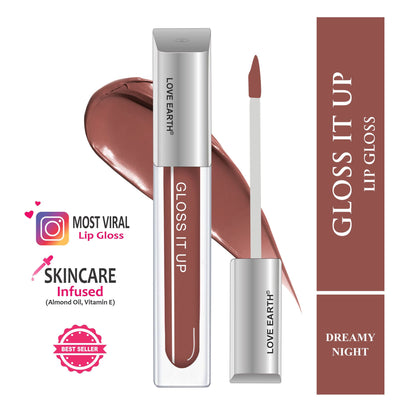 Love Earth Dreamy Night lip gloss with high shine and glossy finish, featuring a smooth, radiant application on lips.