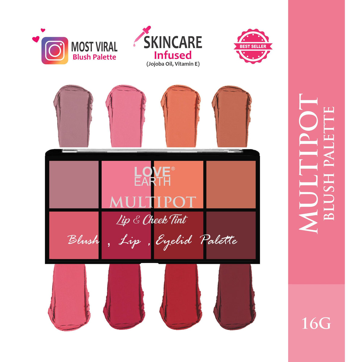 Love Earth multipot lip and cheek tint in a sleek container, showing the vibrant color and compact design for easy application.