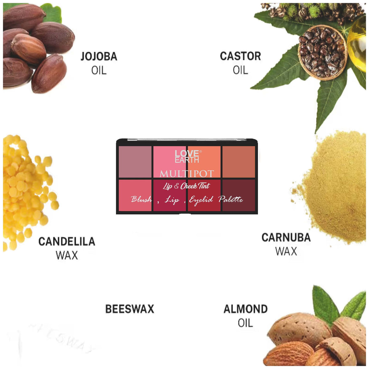 Love Earth multipot lip and cheek tint in a compact container, featuring a natural pink shade for versatile makeup looks