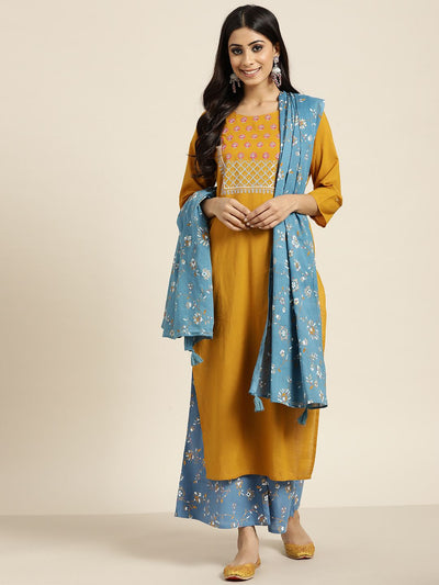 Indyancart SN Women's Mustard YellowYoke Design Mirror Work Cotton Kurta with Palazzos & Dupatta