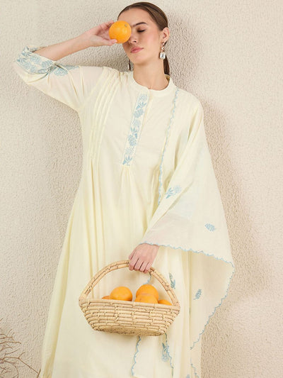 Indyancart IE Women Solid Embroidered Cotton Kurta with Trousers & Dupatta