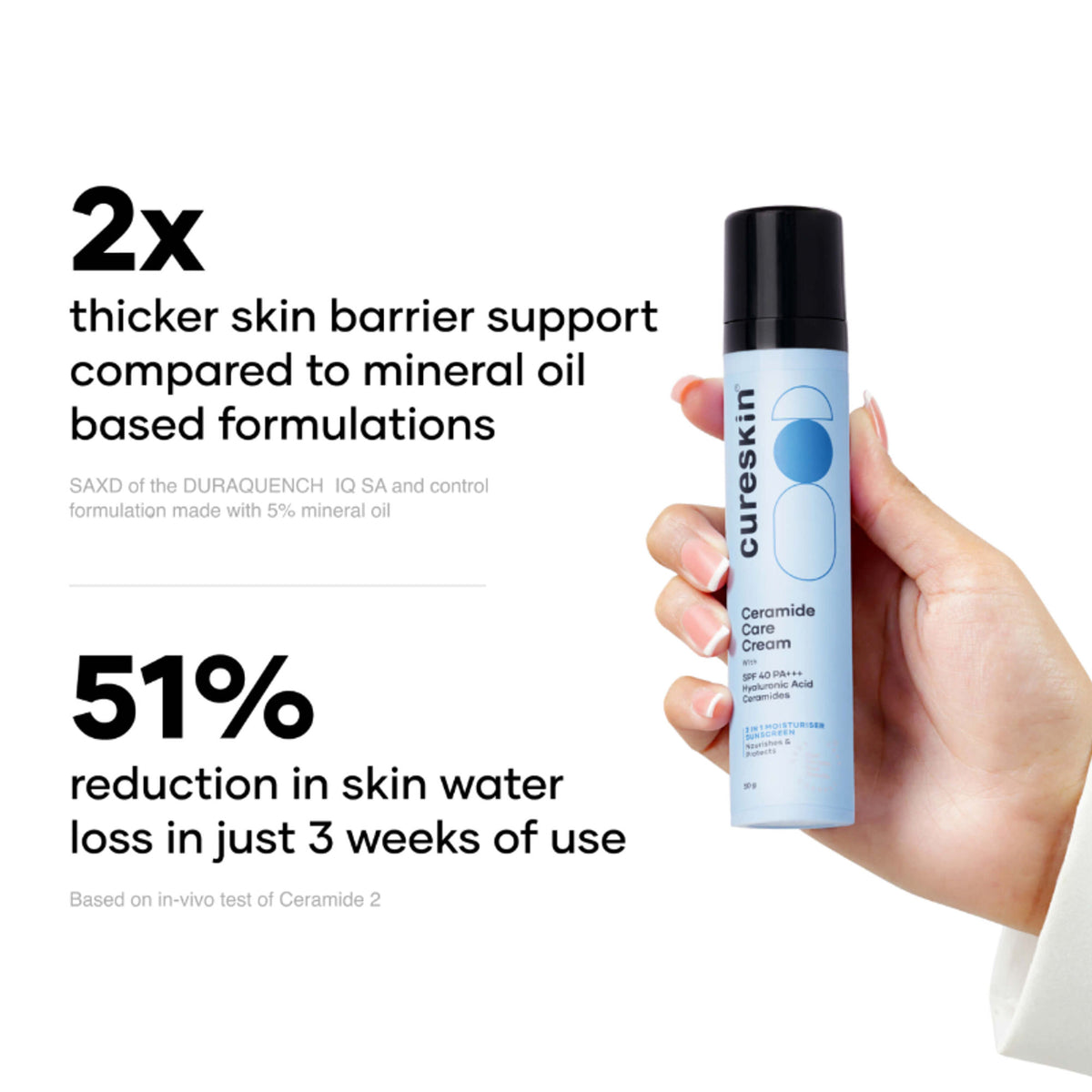 Cureskin Ceramide Care Cream SPF 40 PA+++ moisturizer with anti-aging and skin barrier strengthening properties, in a white jar.
