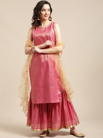 Indyancart VA Women'sPink & Gold-Colored Brocade Sleeveless Kurta Sharara With Sequins Ruffle Dupatta