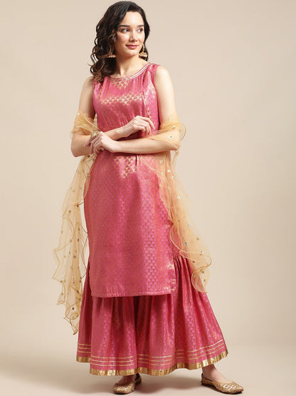 Indyancart VA Women'sPink & Gold-Colored Brocade Sleeveless Kurta Sharara With Sequins Ruffle Dupatta